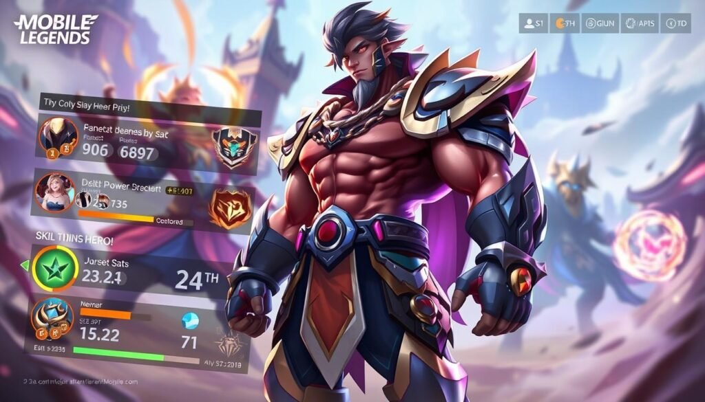 A dynamic digital art scene illustrating a deep analysis of a Mobile Legends hero undergoing a revamp in 2025. In the foreground, a muscular and heroic character, styled with vibrant colors and intricate armor, stands confidently, embodying the essence of a S+ tier hero. The middle ground features glowing stats and visual indicators displaying power boosts, with enchanting skill effects swirling around the hero. In the background, a stylized battlefield setting reflects a fantasy world with magical elements, enhanced by a soft, ethereal lighting that suggests innovation and excitement. The atmosphere is immersive and energetic, conveying the thrill of game strategy and the transformation of forgotten heroes into powerful figures atop a pedestal, with a slight depth-of-field effect to focus on the hero and the vibrant action surrounding them.