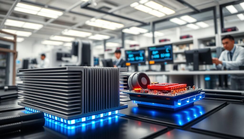 A futuristic thermal management system designed for advanced 2nm chip technology. In the foreground, showcase a sleek, high-tech heat sink with intricate cooling fins, surrounded by soft blue LED lights, symbolizing efficient cooling. The middle ground features a compact circuit board with glowing components indicating performance, along with an innovative liquid cooling solution that integrates seamlessly into the design. In the background, depict a modern laboratory with scientists in professional attire, working diligently on computer screens displaying performance metrics. The atmosphere feels dynamic and progressive, illuminated by bright, white overhead lights that highlight the advanced technology. Use a slight tilt-angle lens effect to create a sense of depth and perspective, emphasizing innovation and future-tech in thermal management.