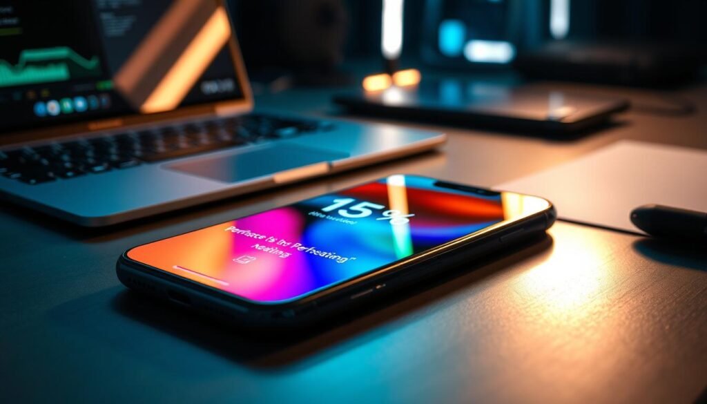 A sleek, modern flagship smartphone lying on a stylish desk, showcasing its vivid display with performance metrics highlighting a 15% increase. The device has a subtle heat shimmer effect to illustrate overheating issues, surrounded by a dimly lit, tech-inspired workspace. In the background, a high-tech laptop and ambient LED lights create an intriguing atmosphere. Soft, diffused lighting casts gentle shadows, enhancing the sleek lines and curves of the smartphone. A close-up angle captures the intricate details of the device, emphasizing its premium design while conveying a sense of urgency about user experience and performance impact. The overall mood is serious yet innovative, highlighting the balance between cutting-edge technology and its real-world implications.