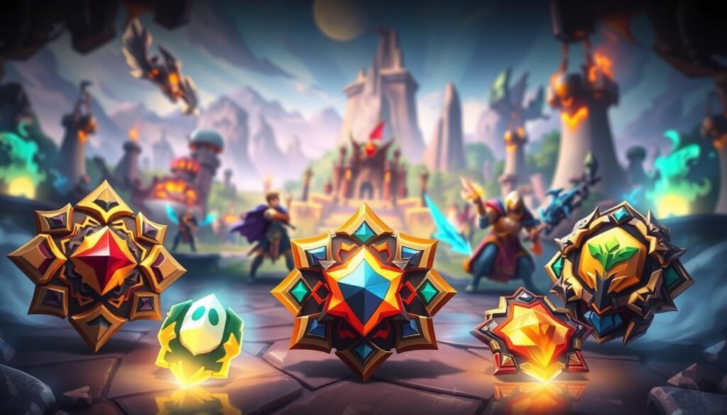 A vibrant digital artwork showcasing the latest mobile game items prominently featured in a dynamic and visually engaging manner. In the foreground, intricately designed item icons reflecting their upgraded statuses, glowing with a magical aura, each casting soft light onto the surrounding area. The middle ground displays a stylized battlefield setting, with heroes poised in strategic positions, showcasing their revamped abilities that complement the new items. In the background, a mystical landscape with fantastical elements, such as ancient ruins and enchanted forests, enhances the epic feel. The atmosphere is energetic and competitive, with dramatic lighting highlighting the items and characters, creating a sense of urgency and excitement, captured with a wide-angle lens to encompass the full scope of the scene.