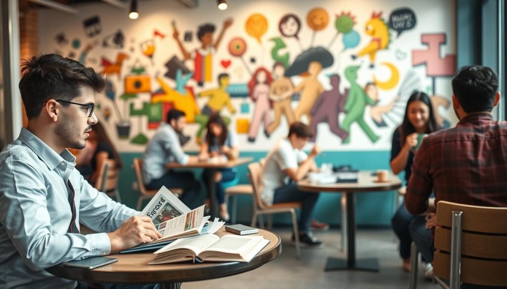 In a modern urban setting, depict a vibrant café scene where a diverse group of young adults are engaged in various activities to improve their social stats. In the foreground, a person in professional casual attire sits at a table, focused on studying a guidebook surrounded by notebooks and a laptop. A second individual is enthusiastically interacting with others nearby, highlighting the importance of social connections. In the middle ground, a small group plays a board game, reflecting teamwork and strategy. The background features a colorful wall mural showcasing symbols of friendship, communication, and personal growth. Soft, natural lighting illuminates the scene, creating a warm and inviting atmosphere, with a shallow depth of field emphasizing the characters while blurring the bustling café ambiance.
