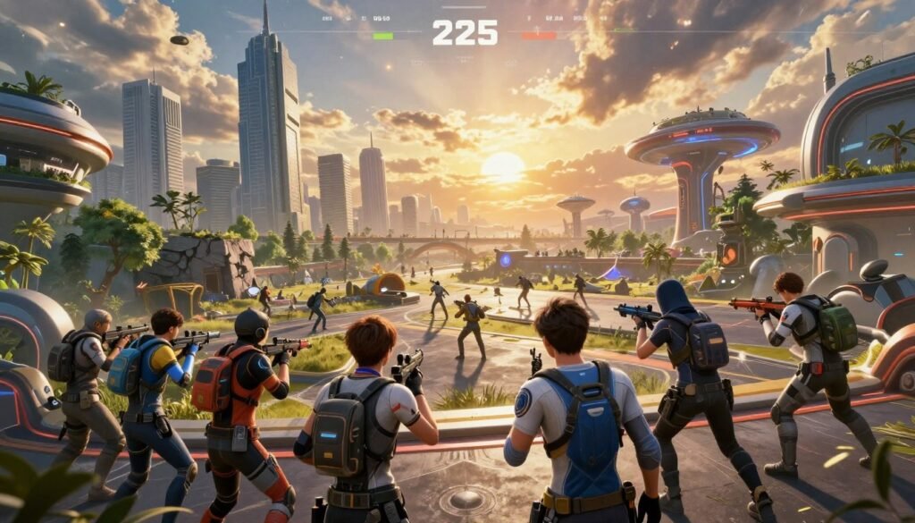 A dynamic and vibrant digital artwork featuring a futuristic scene of a battle royale gaming landscape set in 2025. In the foreground, a diverse group of players, dressed in sleek gaming gear, are strategizing while immersed in an epic match. The middle layer showcases a sprawling battle arena with a mix of urban and natural elements—skyscrapers alongside lush forests, ruins, and advanced technology. The background illustrates dramatic clouds and a sunset casting golden rays, enhancing the overall excitement of the scene. Use bright, contrasting colors to evoke a sense of action and innovation, with a slight tilt-angle perspective to create depth. The atmosphere should reflect a thrilling and competitive spirit, inviting viewers into the world of modern battle royale gaming.