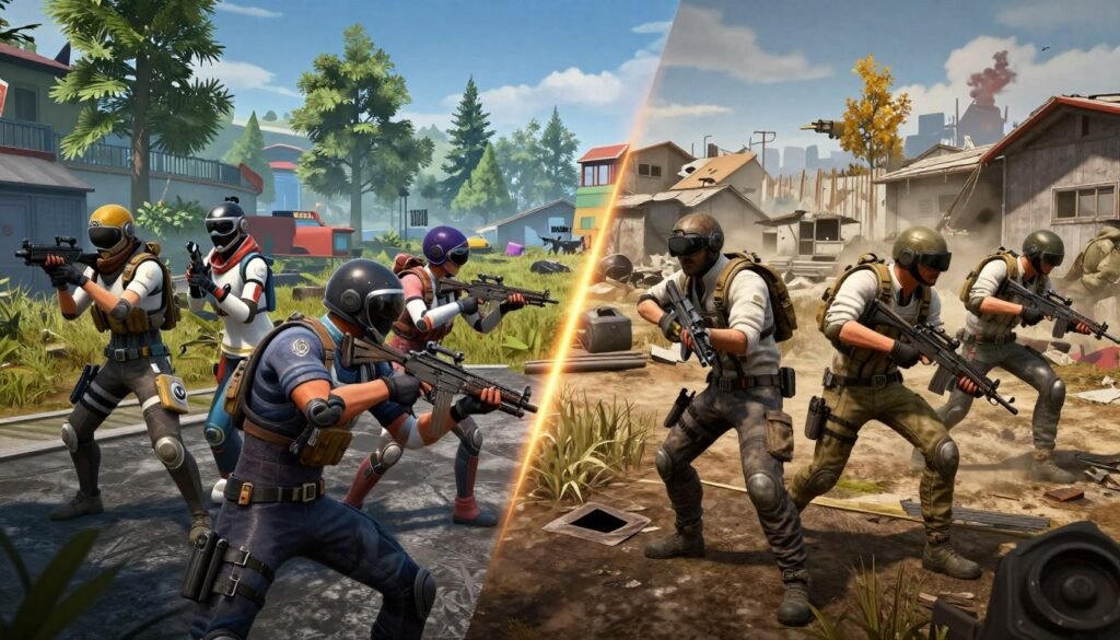 A dynamic scene showcasing a thrilling comparison between a new battle royale game and PUBG. In the foreground, depict a split-screen view: on the left, vibrant characters from the new game featuring diverse and futuristic designs, equipped with modern weapons and gear, set against a colorful, stylized environment. On the right, classic PUBG characters in tactical gear, positioned in a rugged, desolate battleground typical of the game. In the middle background, contrasting landscapes that reflect the essence of both games—lush forests and urban settings on one side, and abandoned military zones on the other. Use dramatic lighting to accentuate the action, with a slightly tilted camera angle to enhance the sense of competition. The atmosphere should evoke intensity and excitement, highlighting the clash of gaming styles.