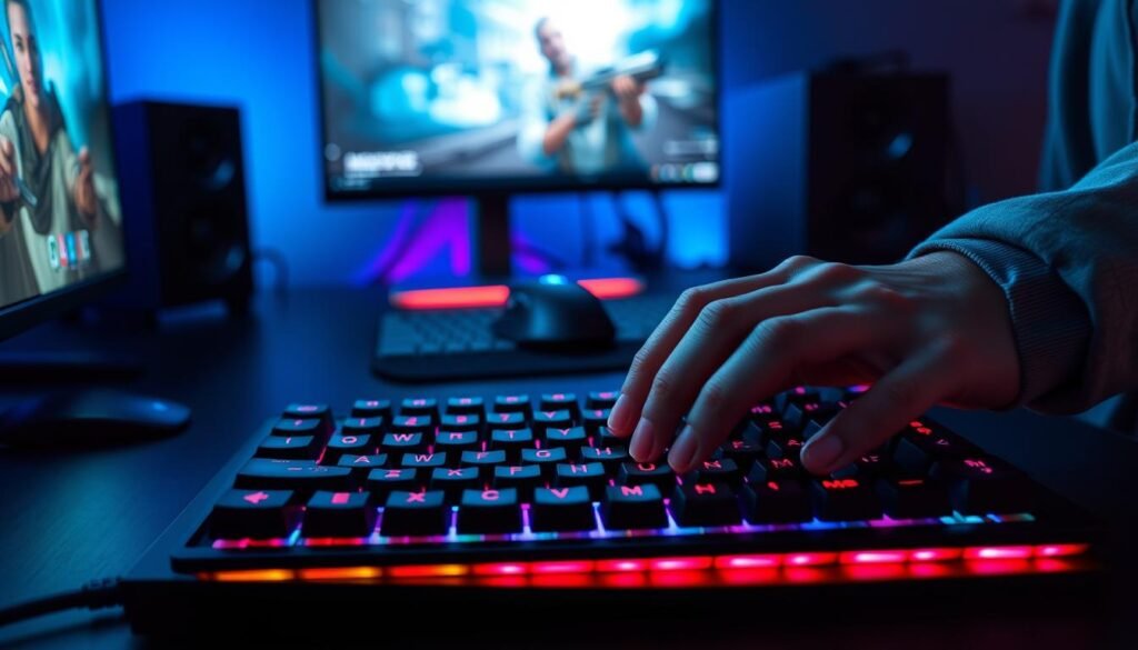 A sleek gaming keyboard set against a dark, high-tech gaming desk. The keyboard features vibrant, customizable RGB backlighting illuminating the keys. In the foreground, a close-up highlights the fingers of a focused gamer in casual attire, poised over the keys, ready to execute rapid movements. The middle ground includes a well-organized mouse and a large, smooth mousepad displaying intricate designs, emphasizing precision. In the background, a softly blurred monitor shows an action-packed first-person shooter game, casting a cool blue light onto the scene. The overall atmosphere is intense and immersive, capturing the excitement of competitive gaming, with dynamic lighting that enhances the focus and urgency of quick reactions.