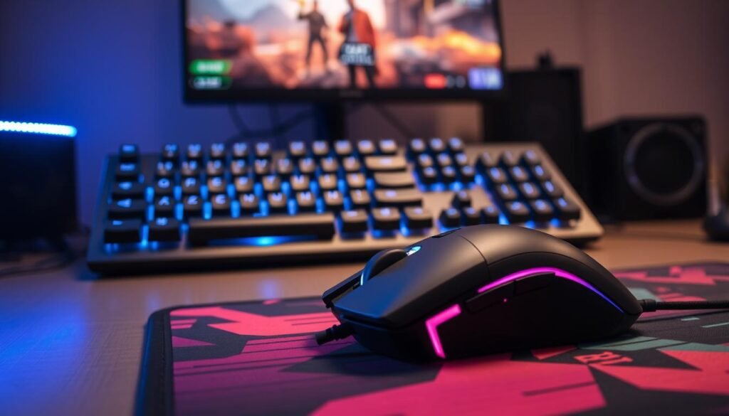 A well-organized workspace featuring a high-tech gaming mouse and keyboard set up for optimal FPS gameplay. In the foreground, a sleek, modern mouse rests on a colorful mousepad, showcasing customizable buttons and RGB lighting. The middle ground highlights a mechanical keyboard with backlit keys, designed for precision and speed. Background elements include a stylish gaming monitor displaying a first-person shooter game interface with vibrant graphics. Dim ambient lighting creates a focused atmosphere, while a hint of blue light from the keyboard adds a futuristic touch. The overall mood conveys dedication and professionalism, perfect for enhancing shooting accuracy in gaming.